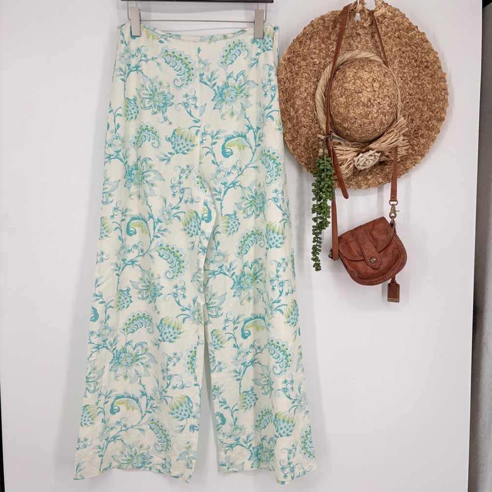 Rhythm Wide Leg Linen Look Pants Floral Paisley High-Rise White Multi Size 10